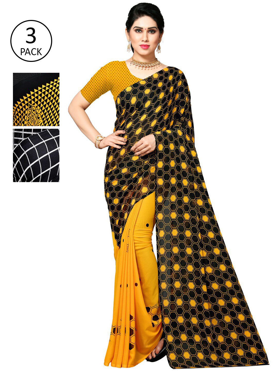 

KALINI Multicoloured Set of 3 Poly Georgette Saree, Multi