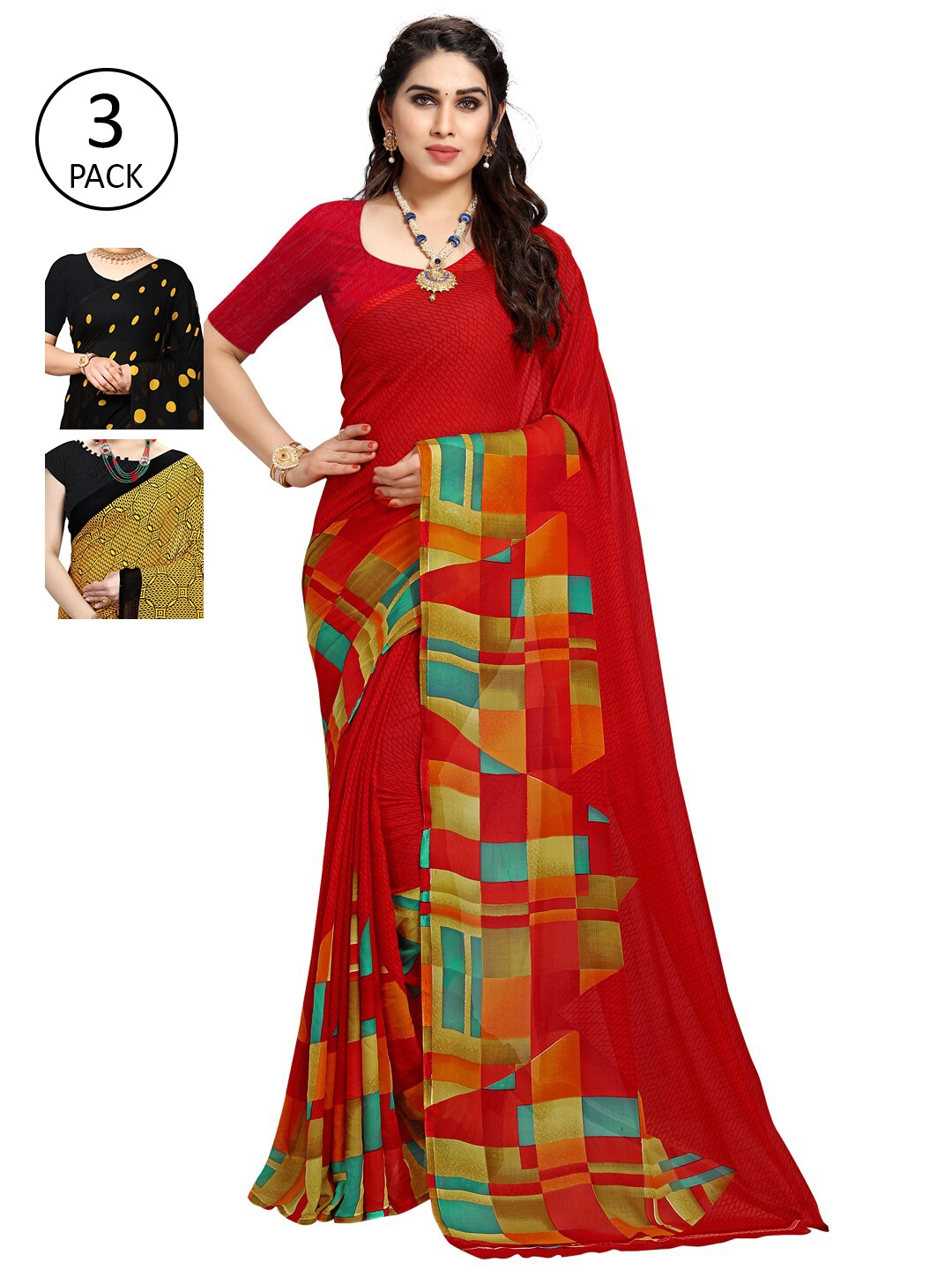 

KALINI Red & Yellow Pack of 3 Printed Saree