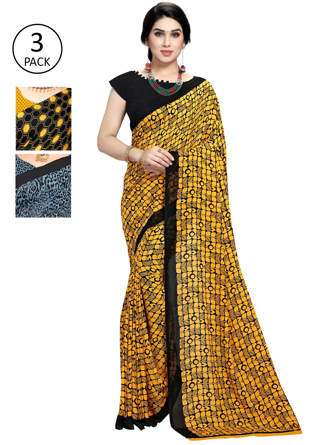 

KALINI Pack of 3 Poly Georgette Printed Sarees, Black