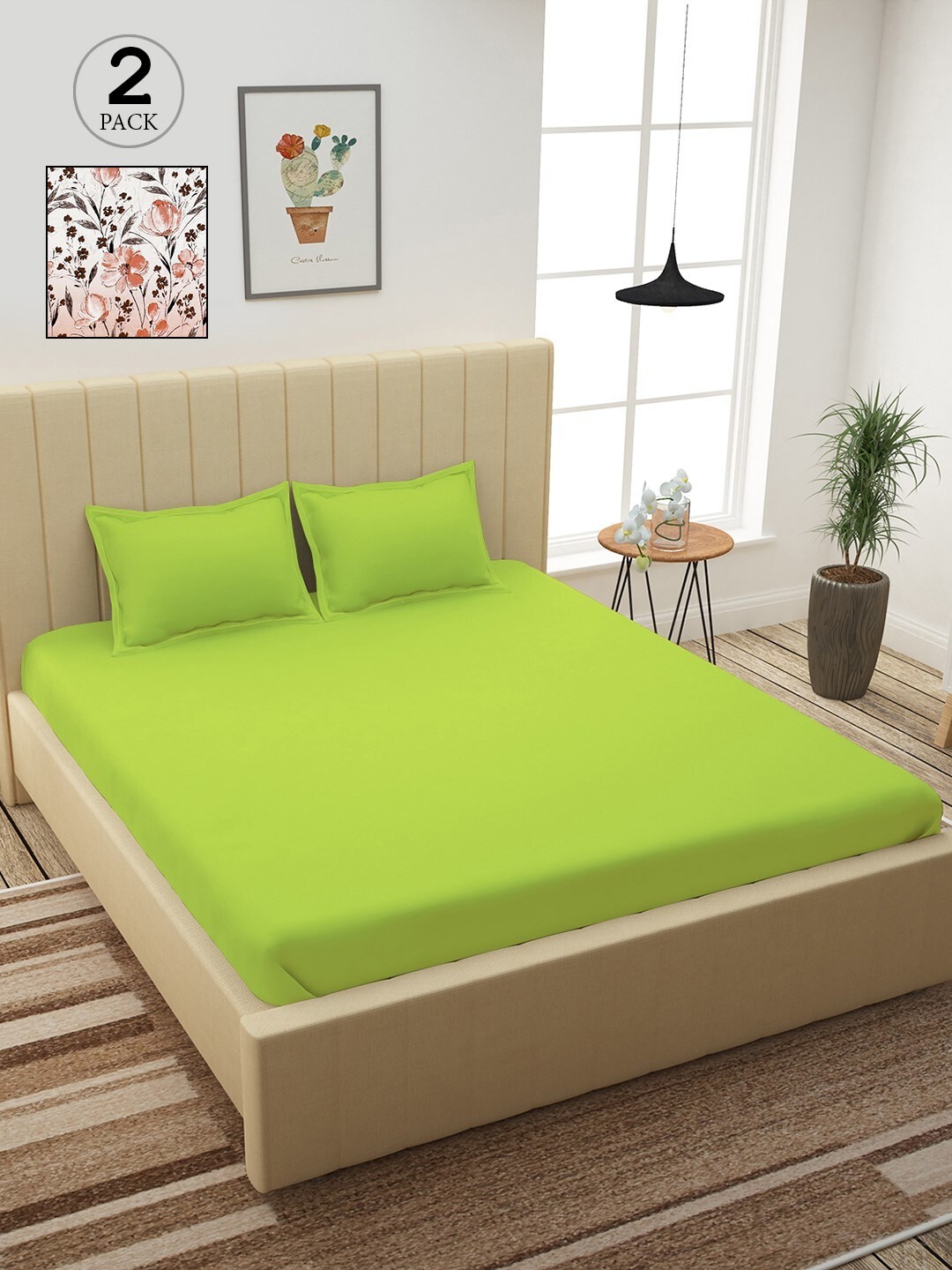 Story@home Green & Off White Floral 210 TC 2 King Bedsheet with 4 Pillow Covers