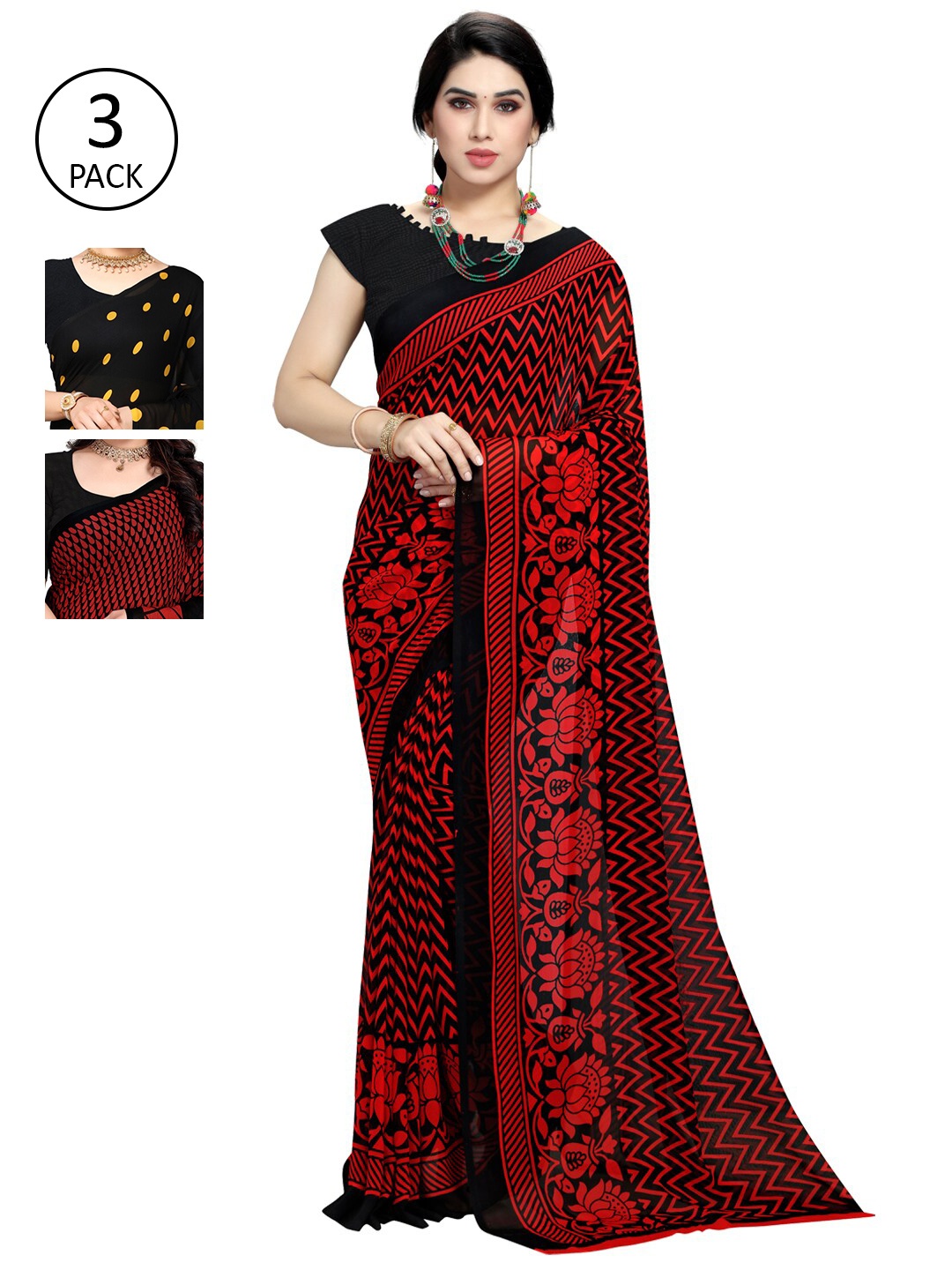 

KALINI Red & Black Pack of 3 Printed Saree