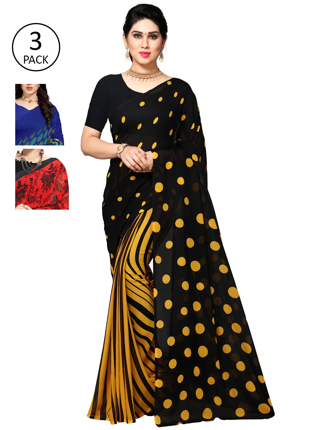 

KALINI Multicoloured Set of 3 Poly Georgette Saree, Multi