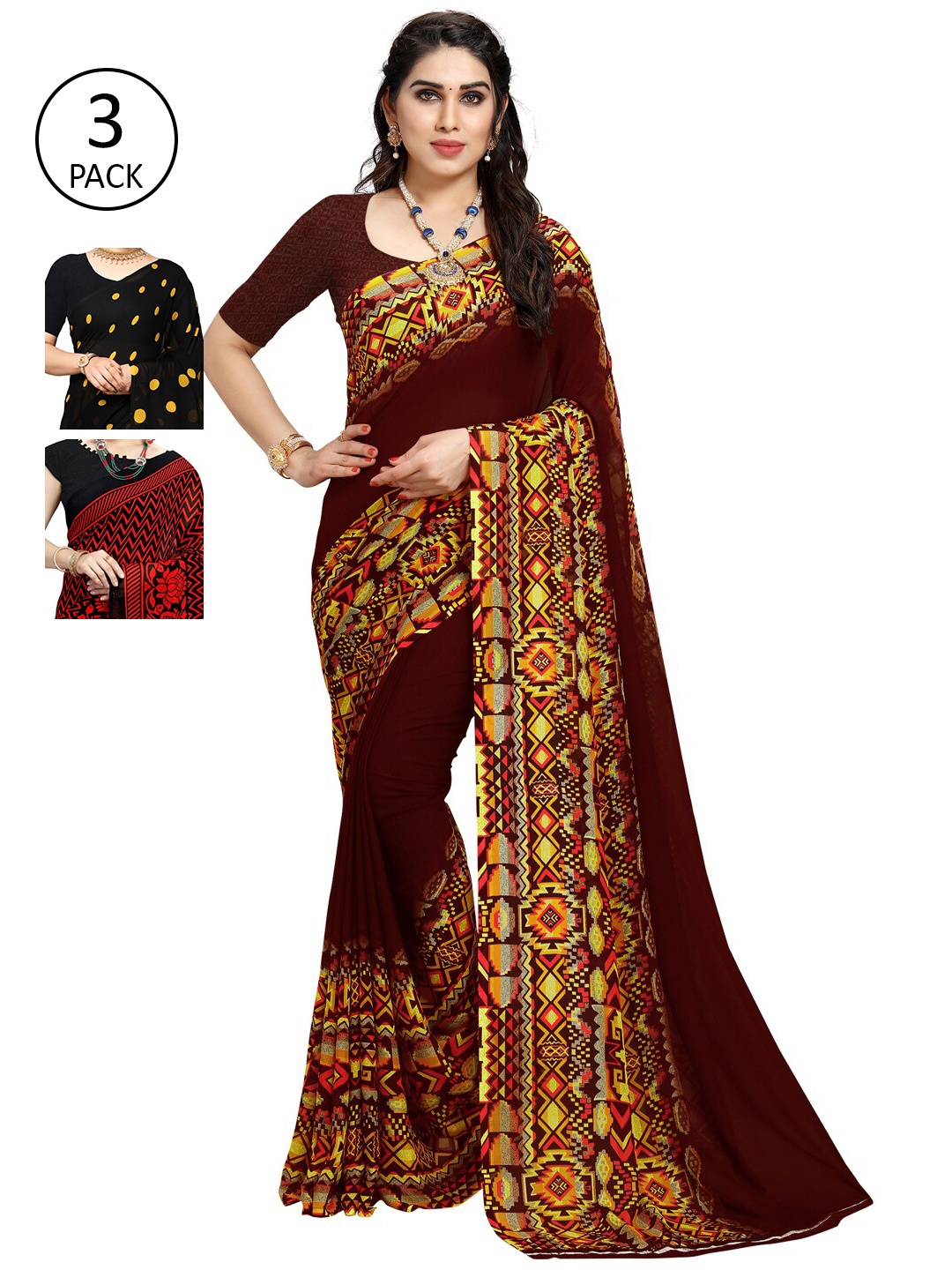 

KALINI Pack of 3 Poly Georgette Printed Sarees, Mustard