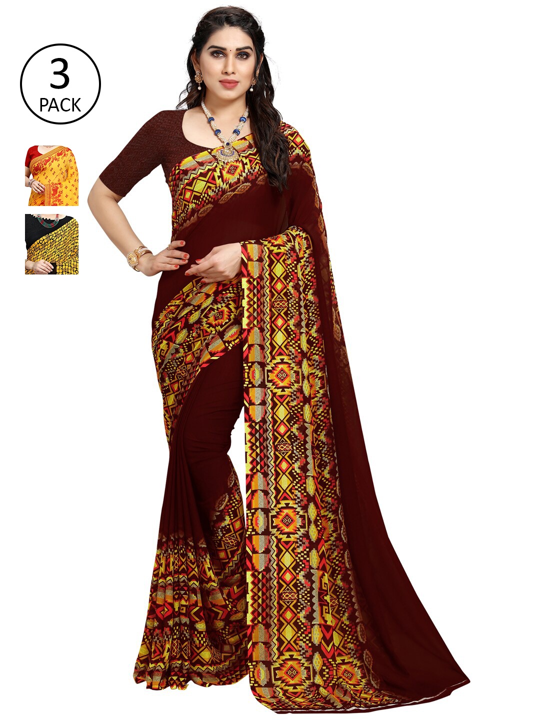 

KALINI Yellow & Maroon Pack of 3 Ethnic Motifs Saree