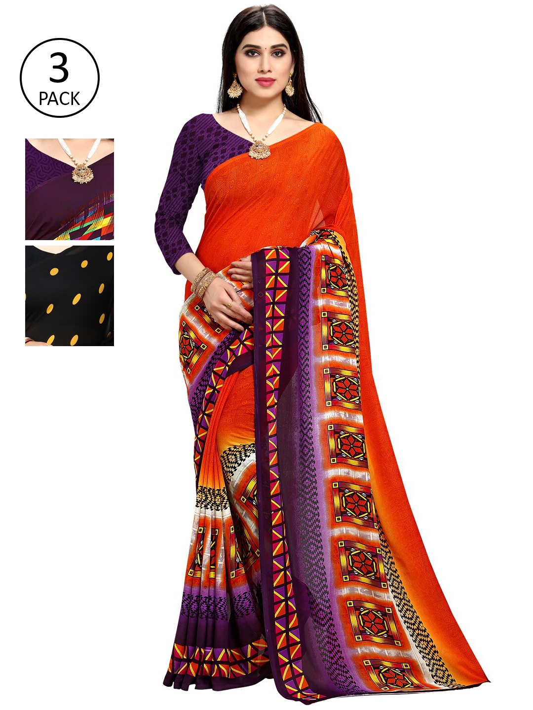

KALINI Pack Of 3 Sarees, Orange