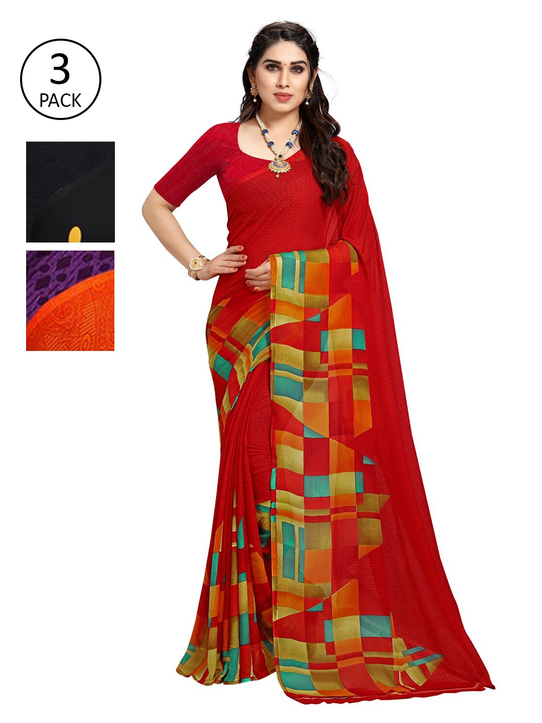 

KALINI Black & Orange Batik Pack of 3 Saree