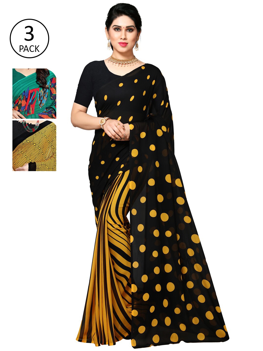 

KALINI Black & Yellow Batik Pack of 3 Saree