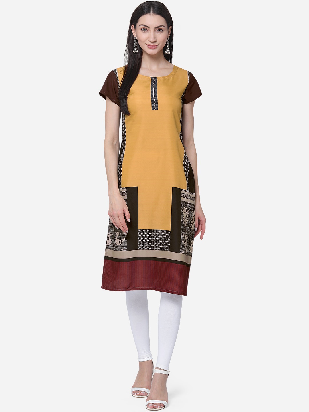 

Kvsfab Women Mustard Yellow Colourblocked Crepe Kurta