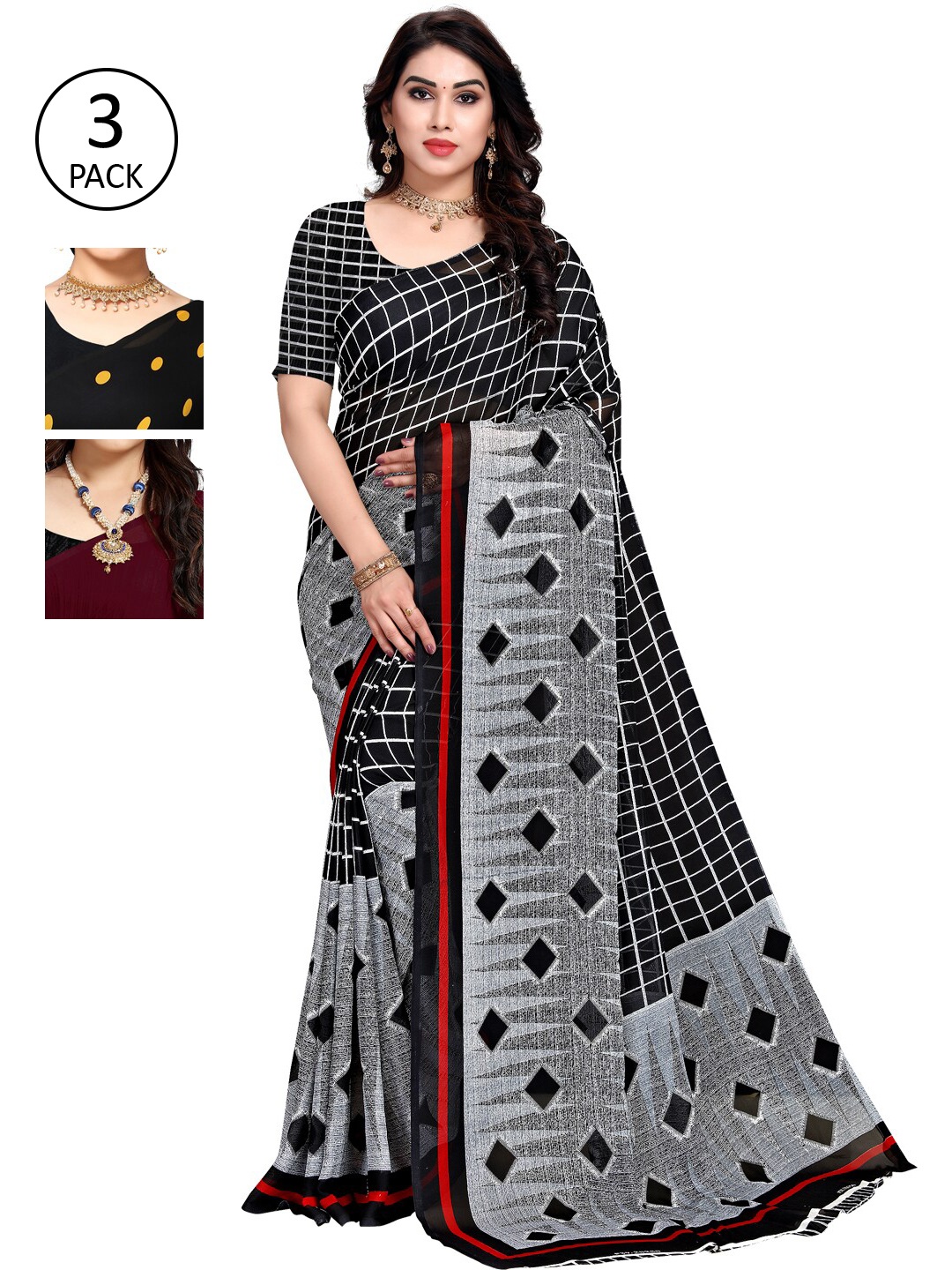 

ANAND SAREES Pack of 3 Poly Georgette Printed Sarees, Mustard