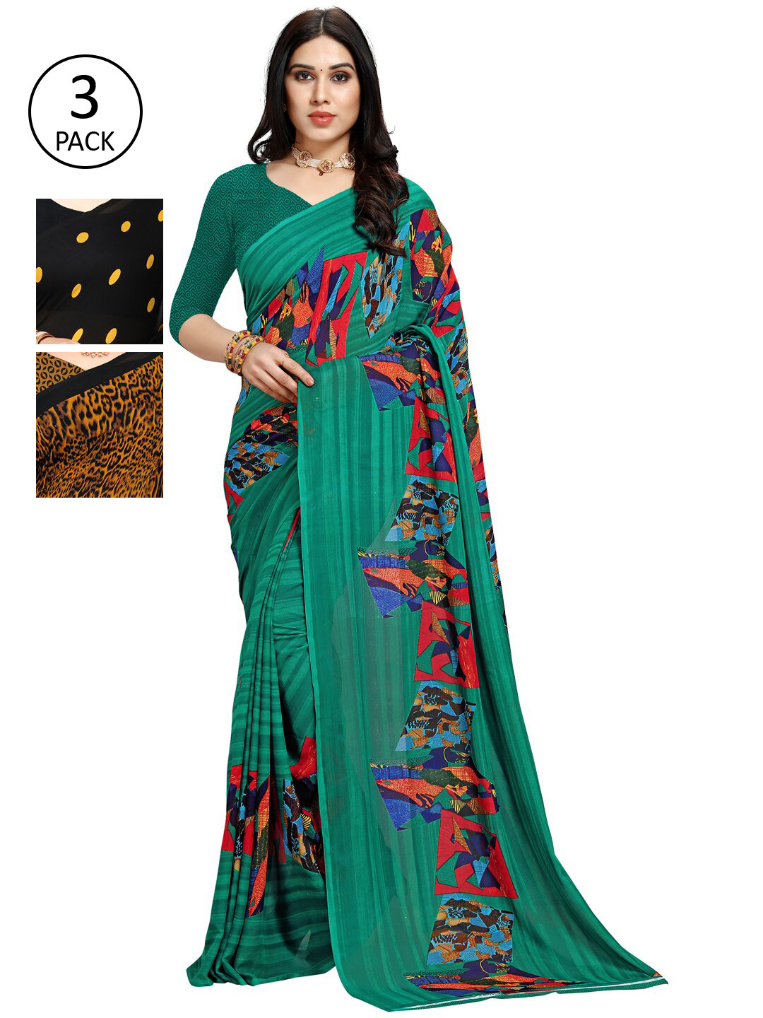 

KALINI Pack of 3 Printed Poly Georgette Saree, Multi