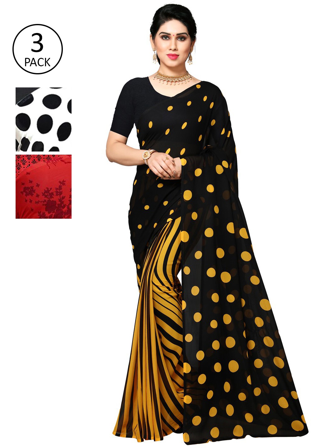 

KALINI Pack Of 3 Black & Red Poly Georgette Saree