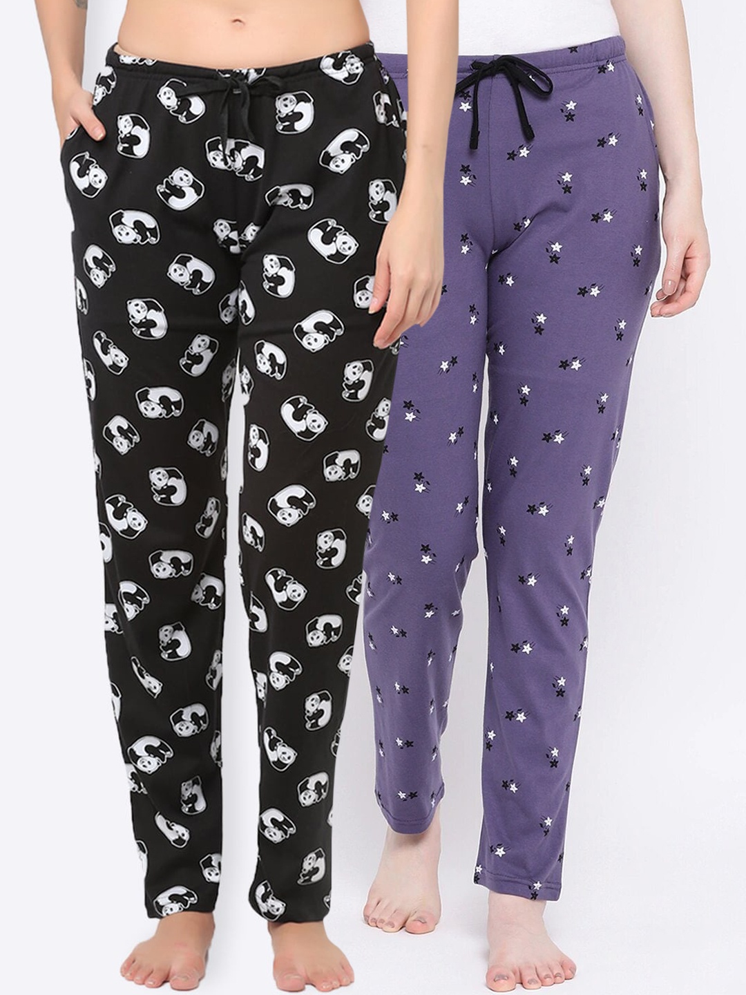 

Kanvin Women Pack Of 2 Printed Pure Cotton Lounge Pants, Black