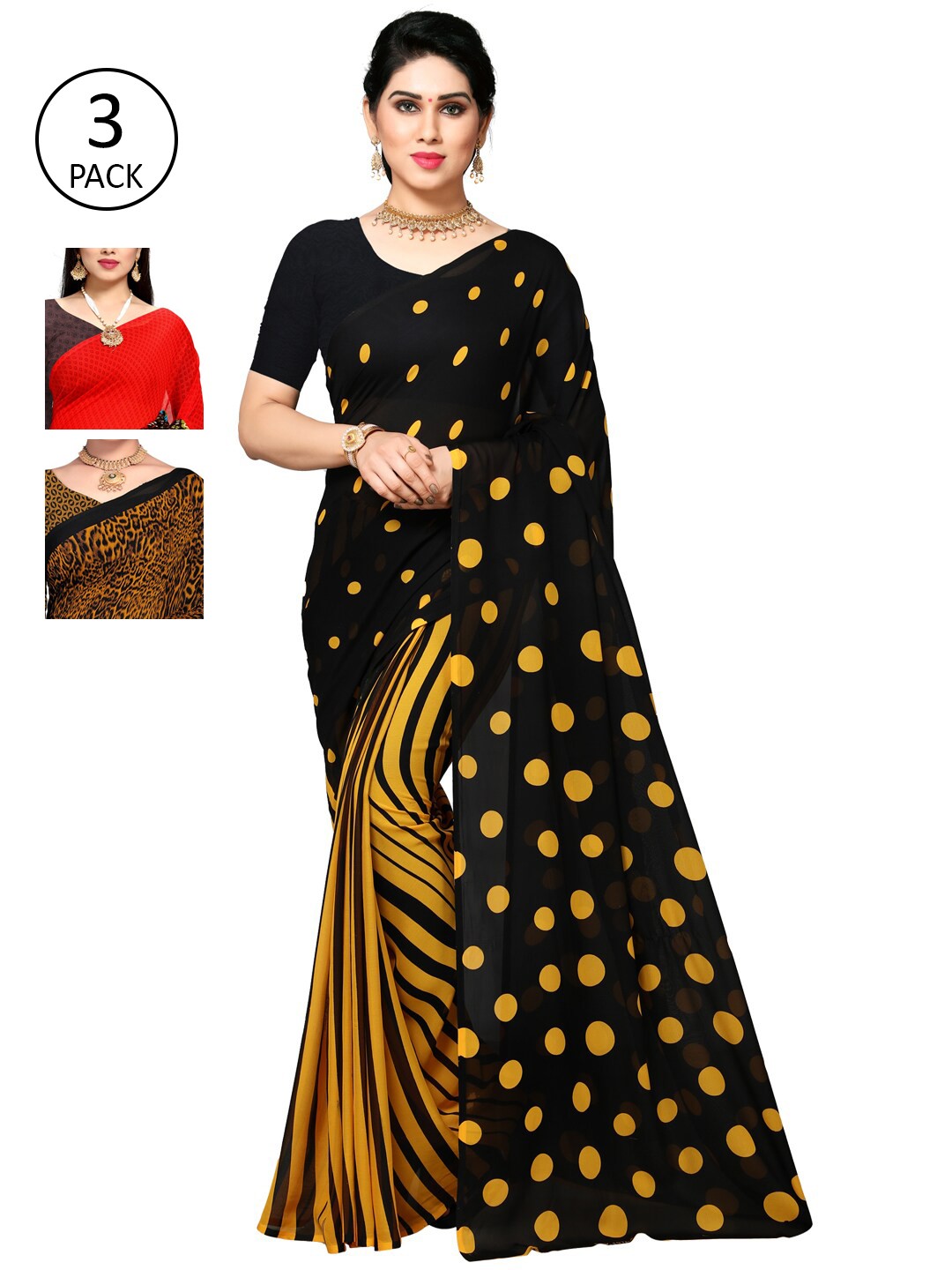 

KALINI Pack of 3 Printed Poly Georgette Saree, Multi