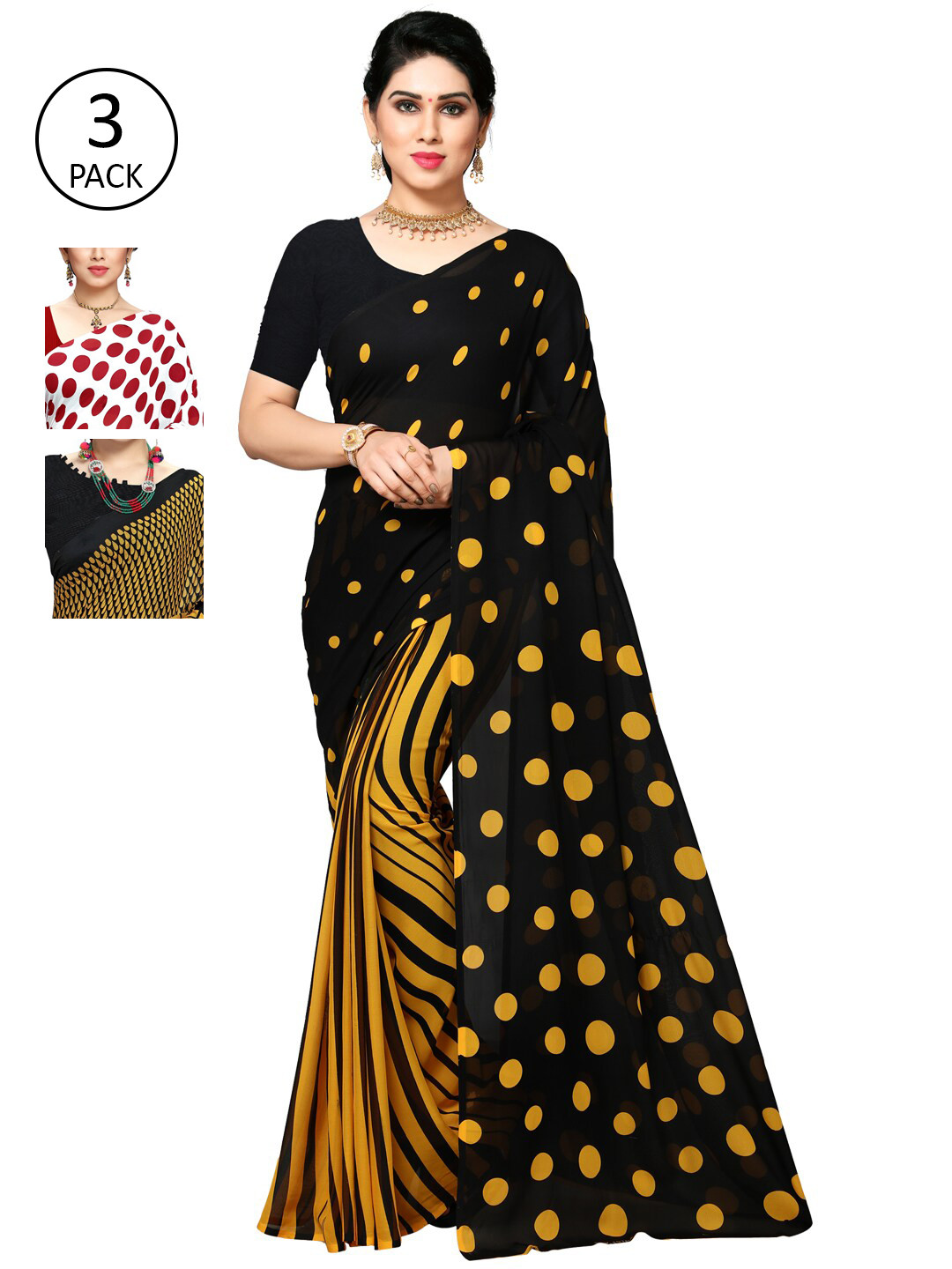 

KALINI Pack Of 3 Yellow & Black Saree