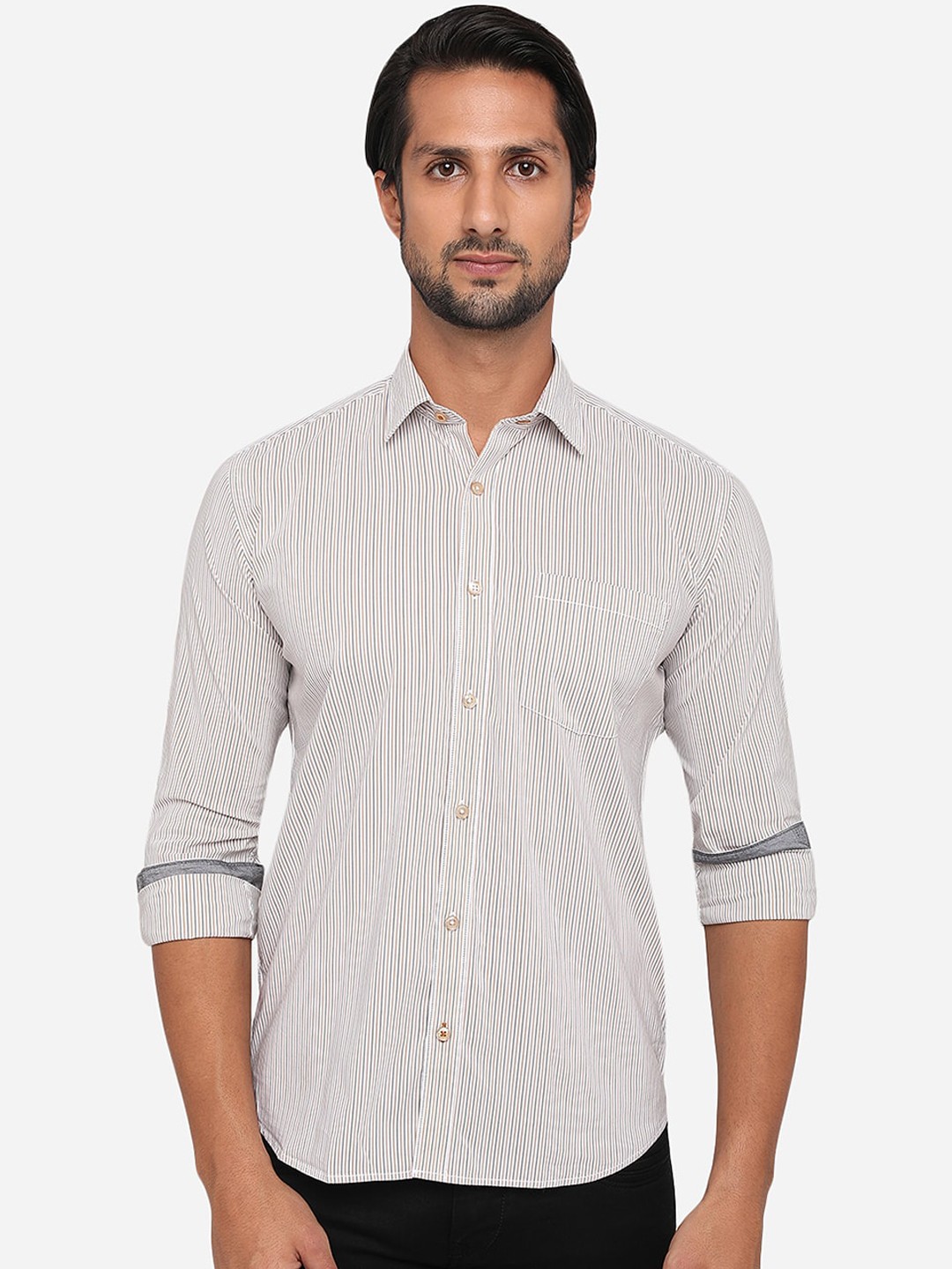 

Greenfibre Men Pure Cotton Slim Fit Multi Striped Casual Shirt, White