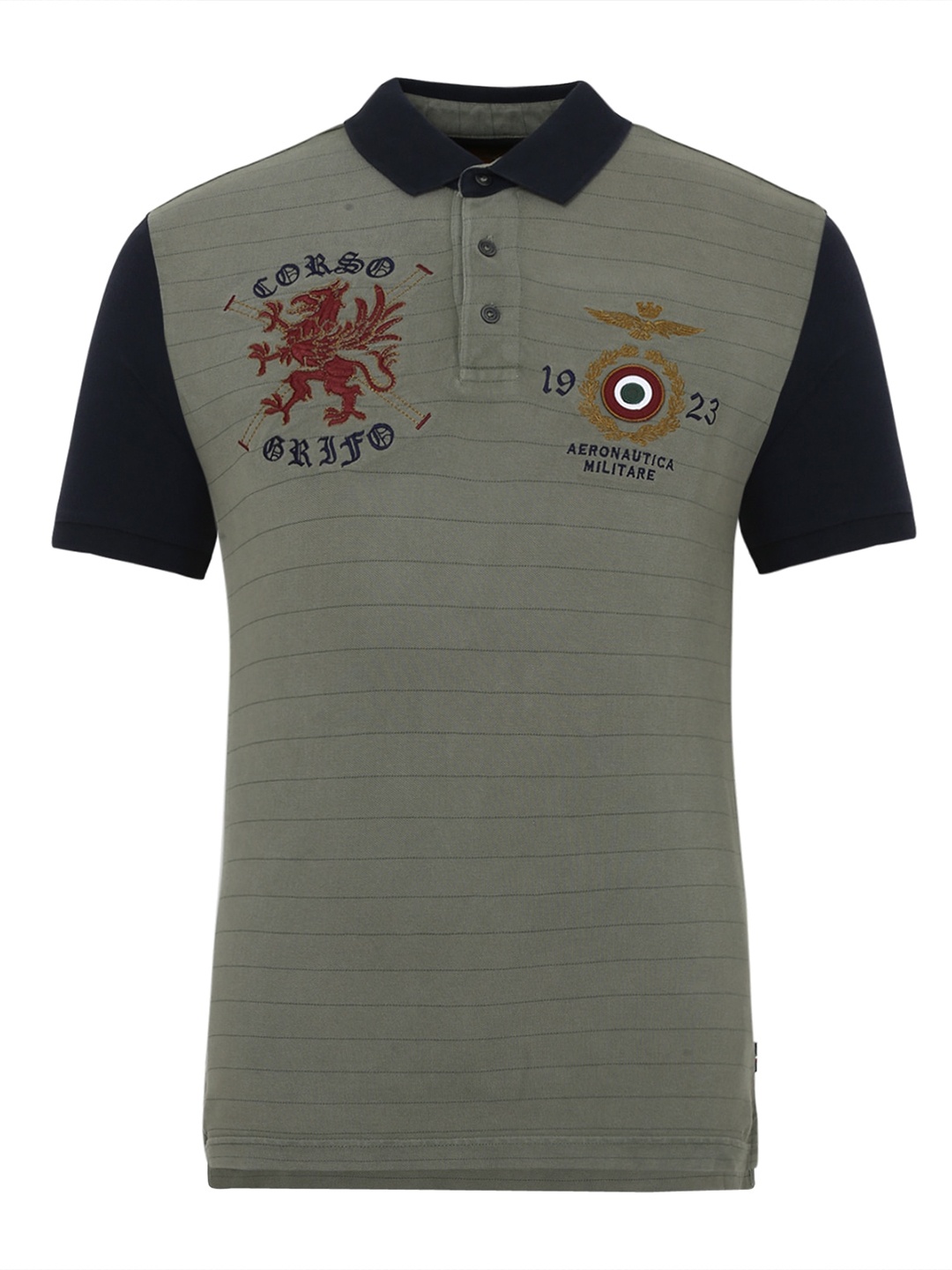 

Aeronautica Militare Men Green & Black Striped Polo Collar Applique T-shirt