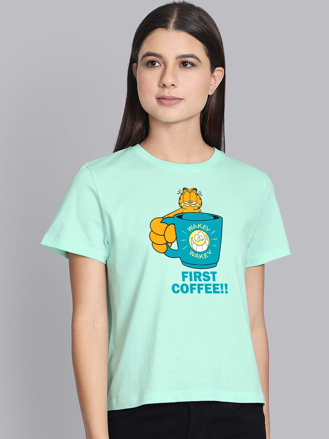

Free Authority Women Green Cotton Printed Garfield Featured Pure Cotton T-shirt