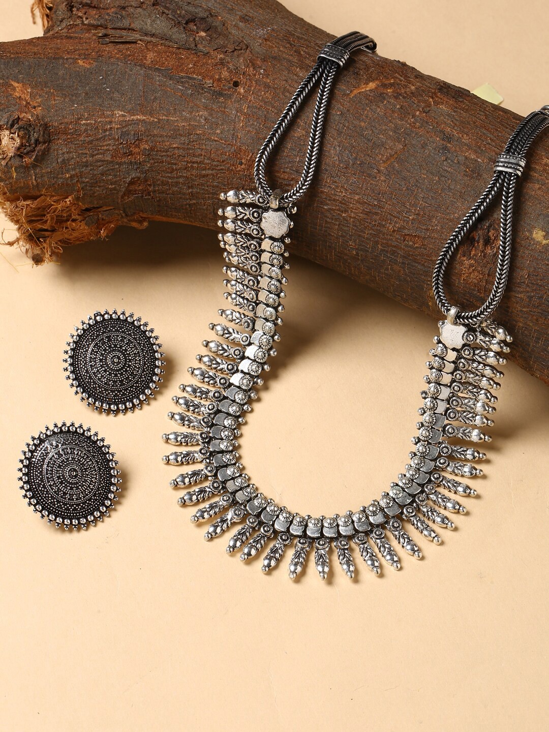 

Fabstreet Oxidized Silver-Plated Beaded Handcrafted Tribal Choker Jewellery Set