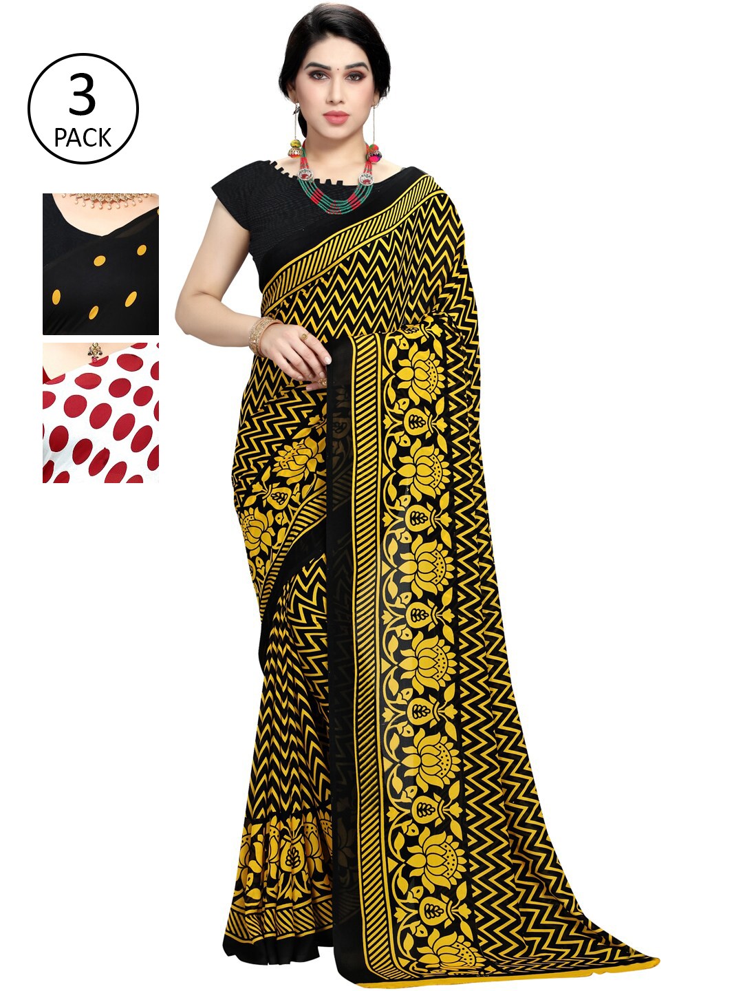

ANAND SAREES Pack Of 3 Printed Sarees, Yellow