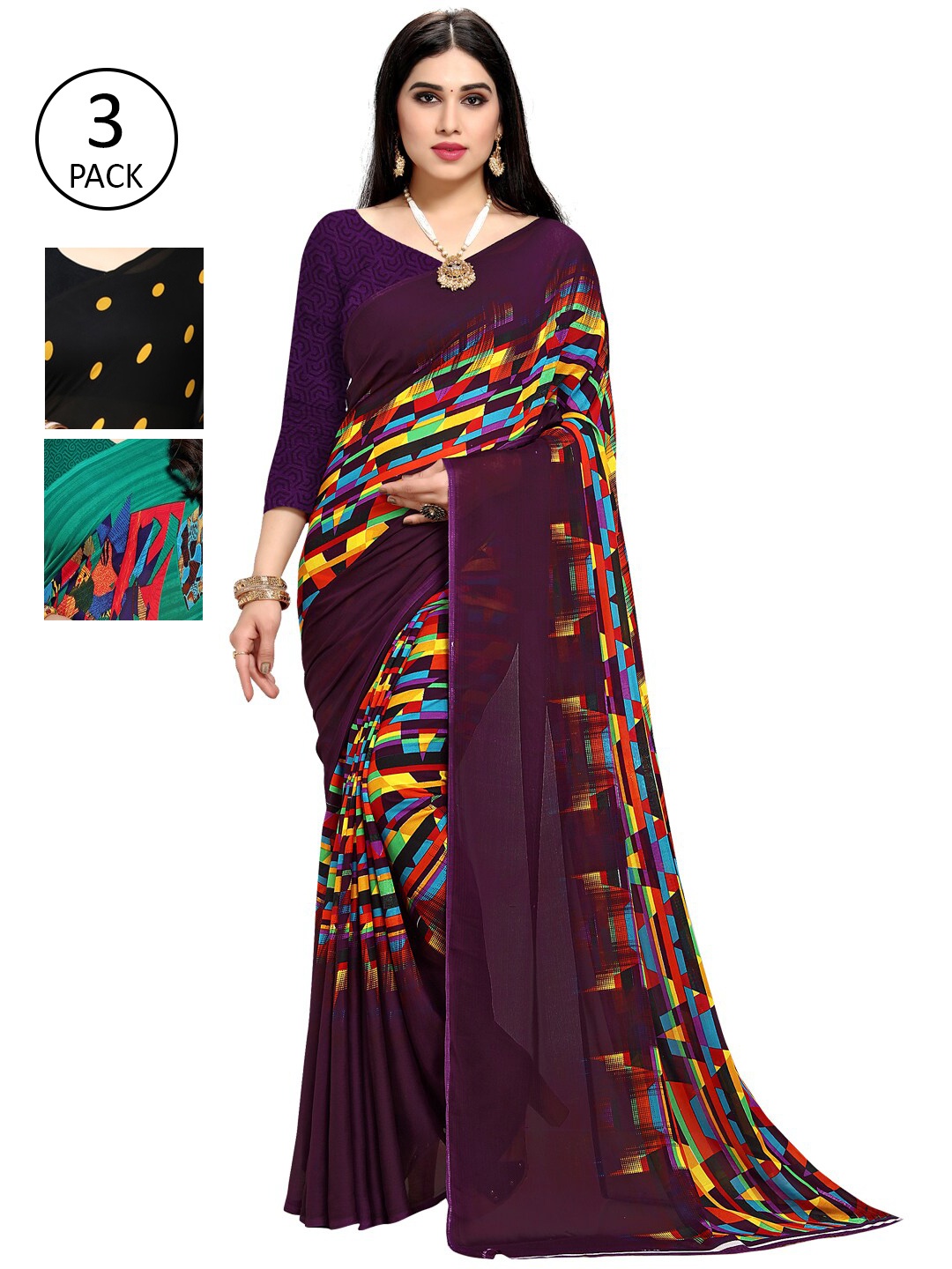 

KALINI Pack of 3 Poly Georgette Sarees, Teal