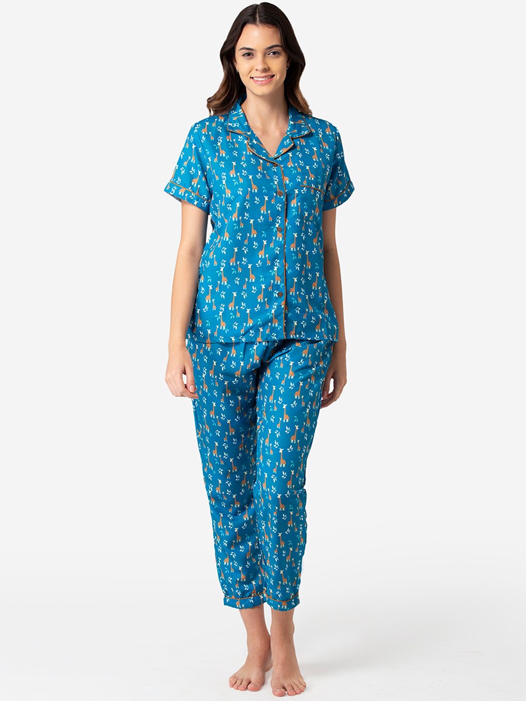 

Bellofox Women Teal & Brown Printed Cotton Night Suit