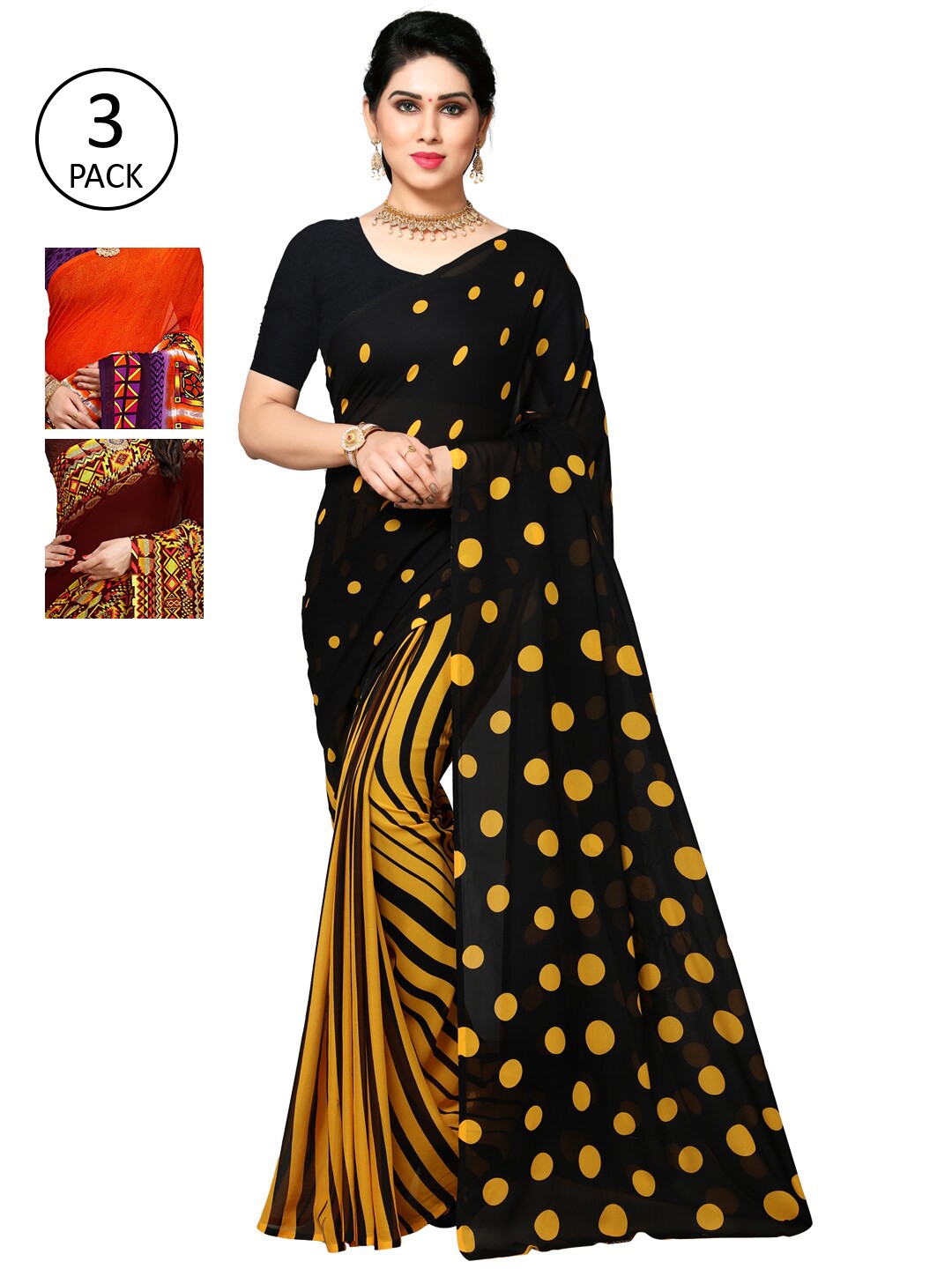 

KALINI Pack Of 3 Multicoloured Poly Georgette Sarees, Multi