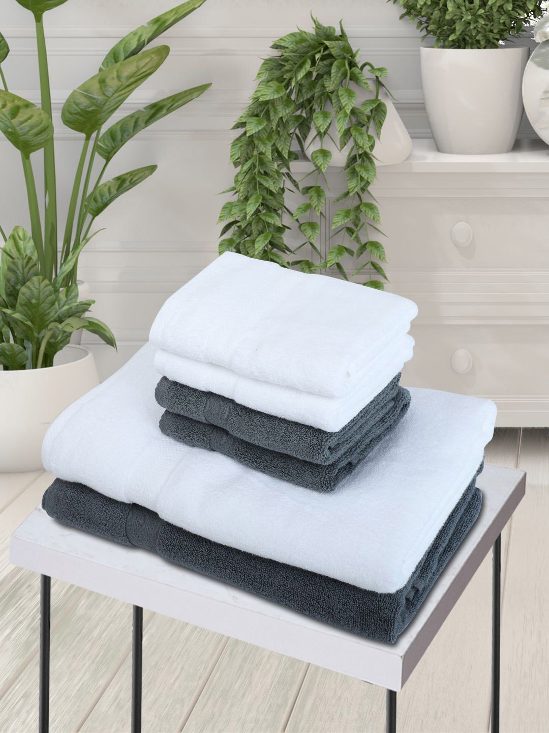

BIANCA Set Of 6 White & Grey Solid 500 GSM Cotton Towels Set