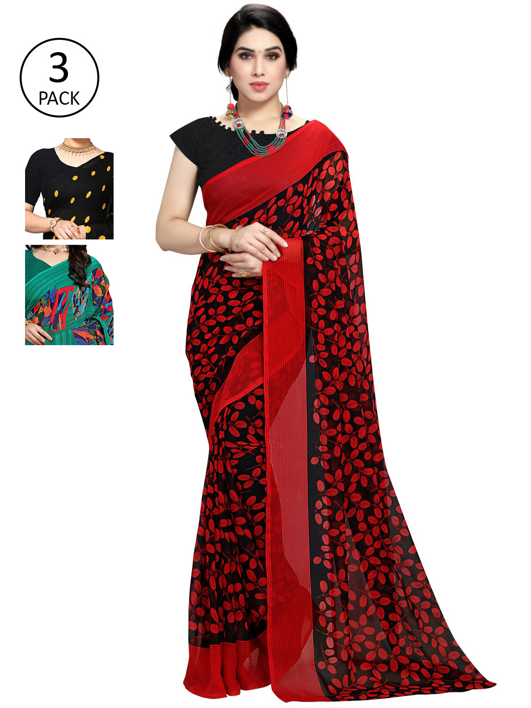 

KALINI Multicoloured Set of 3 Poly Georgette Saree, Multi
