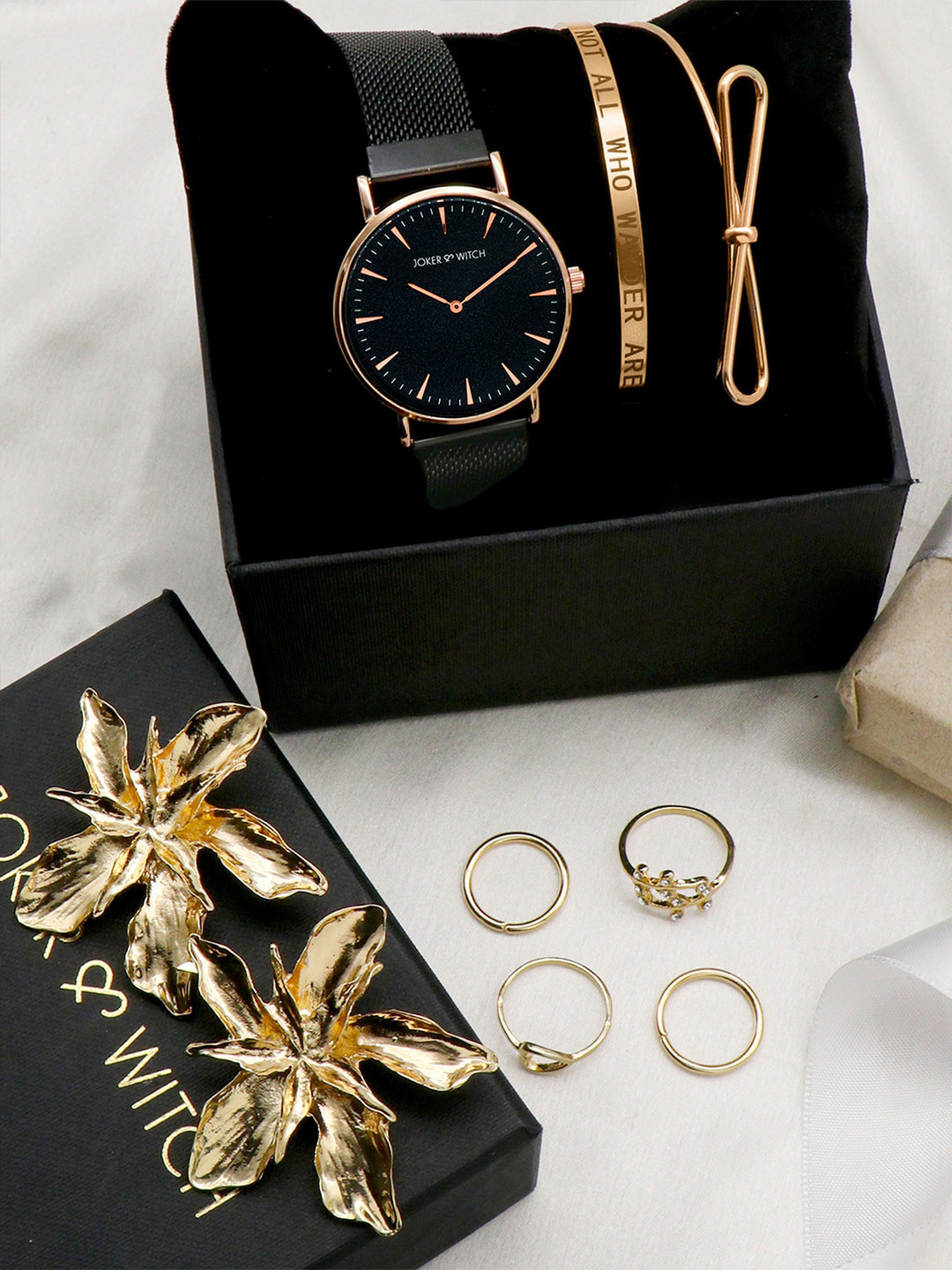 

JOKER & WITCH Women Black & Rose-Gold Toned Kiss me Love Stack Watch Gift Set JWLS115