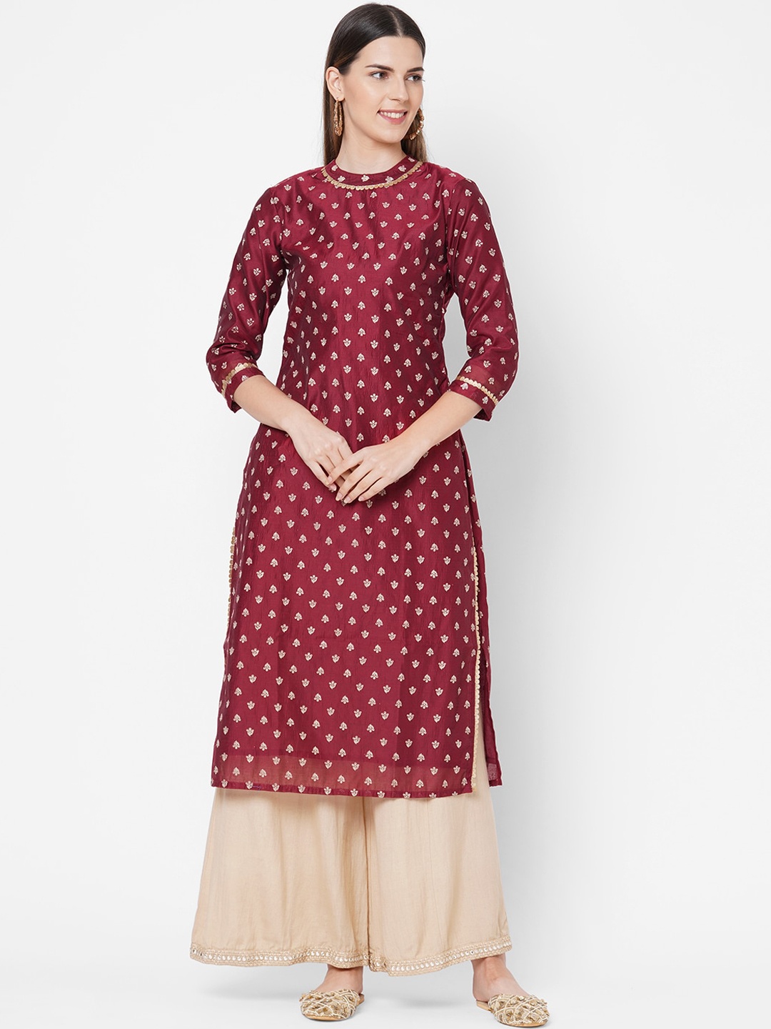 

FASHOR Women Maroon & Gold-Toned Floral Printed Floral Kurta