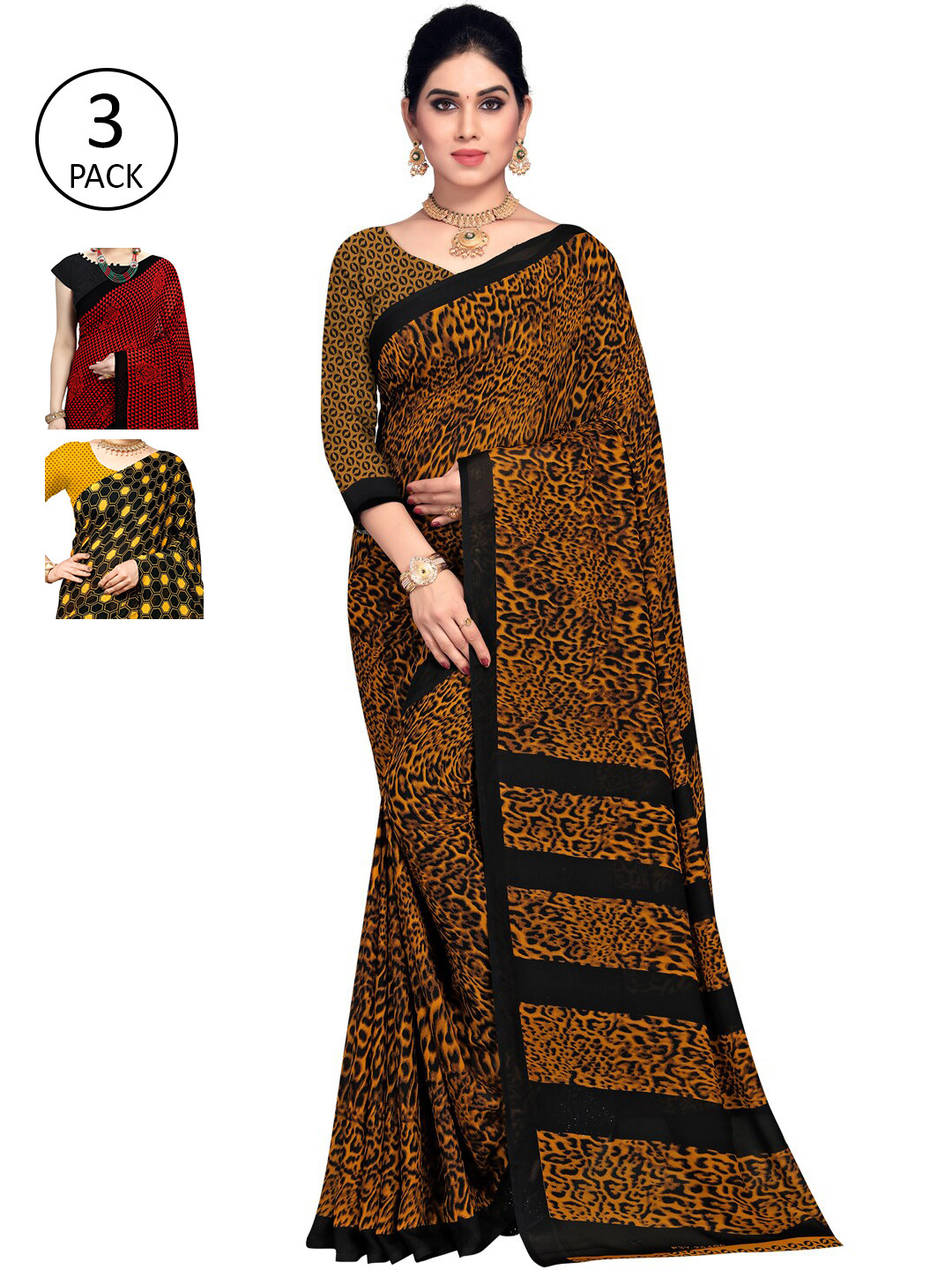 

KALINI Pack of 3 Poly Georgette Sarees, Yellow