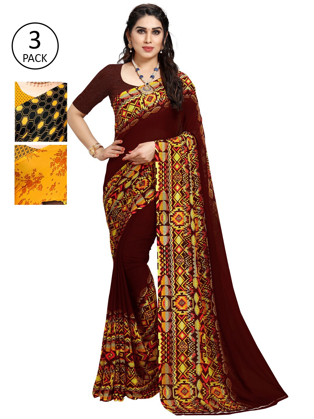 

KALINI Pack of 3 Poly Georgette Saree, Burgundy