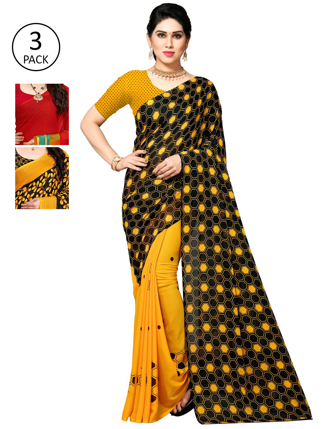 

KALINI Pack Of 3 Yellow & Black Saree
