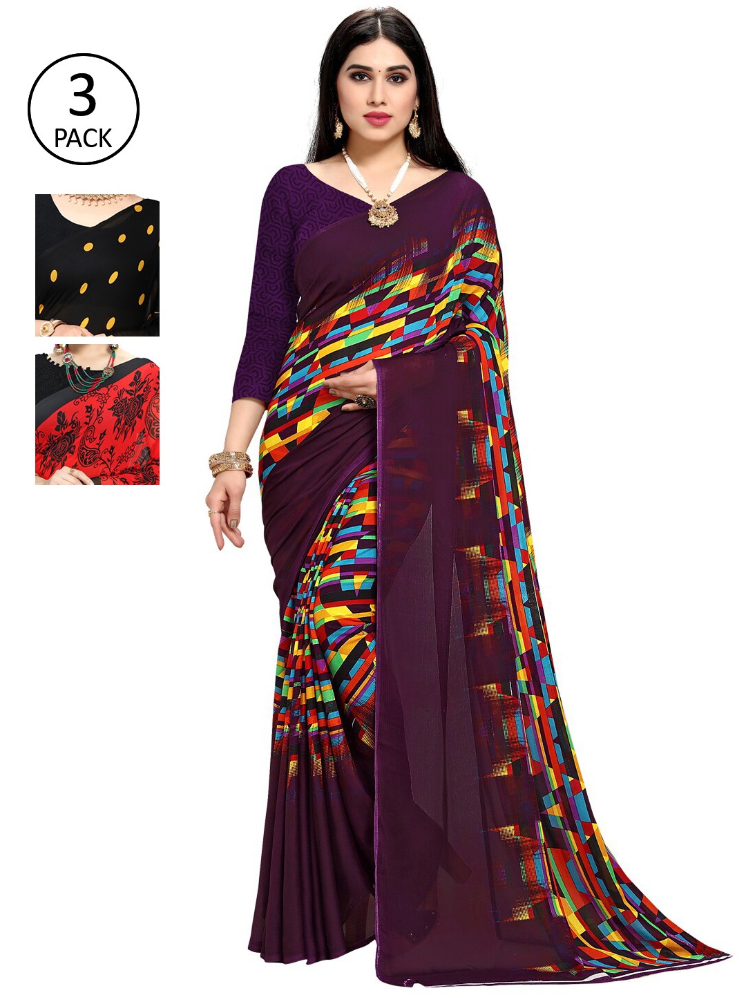 

KALINI Pack of 3 Poly Georgette Saree, Yellow