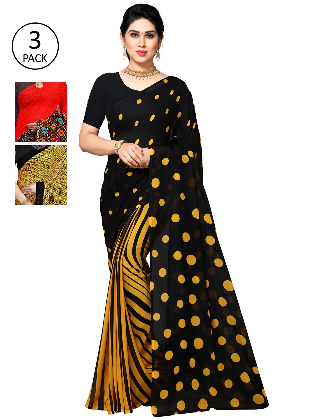 

KALINI Pack of 3 Poly Georgette Sarees, Yellow