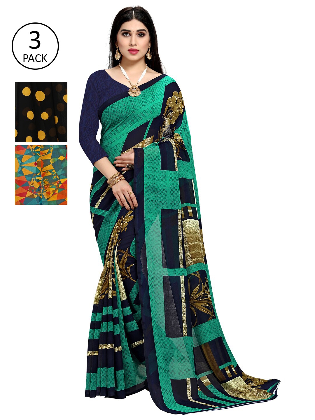 

KALINI Pack Of 3 Printed Sarees, Blue
