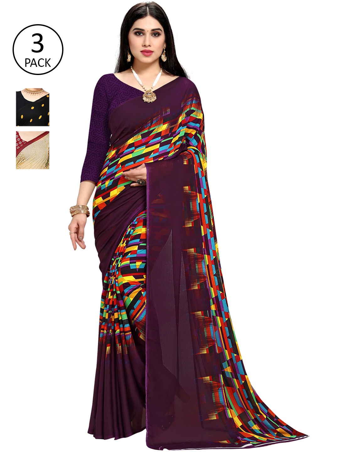 

KALINI Multicoloured Set of 3 Poly Georgette Saree, Multi