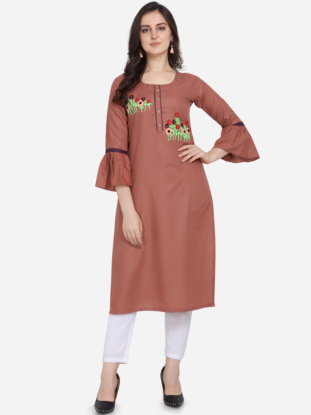 

Kvsfab Women Brown Embroidered Bell Sleeves Thread Work Kurta