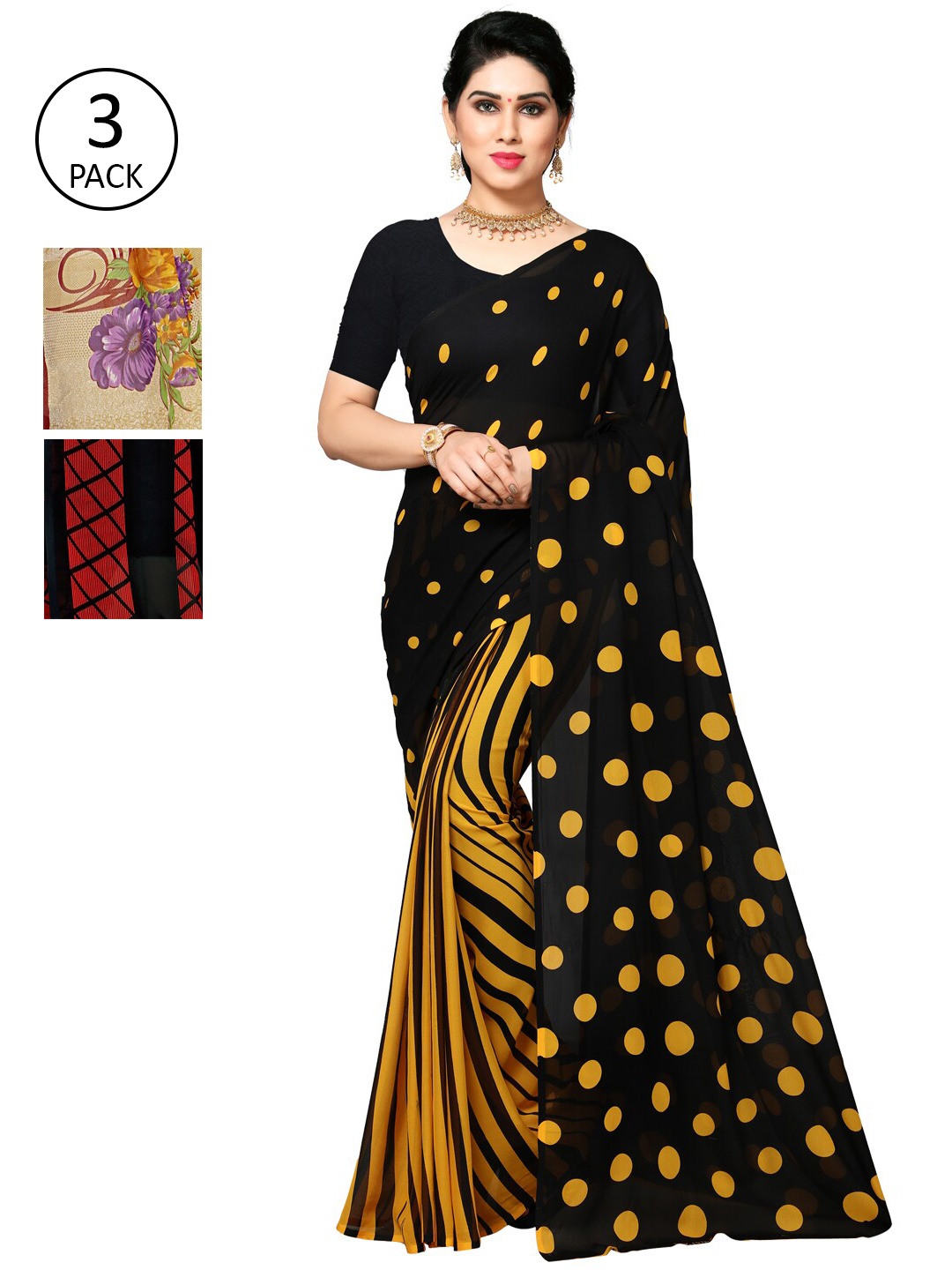 

KALINI Pack of 3 Poly Georgette Printed Sarees, Mustard