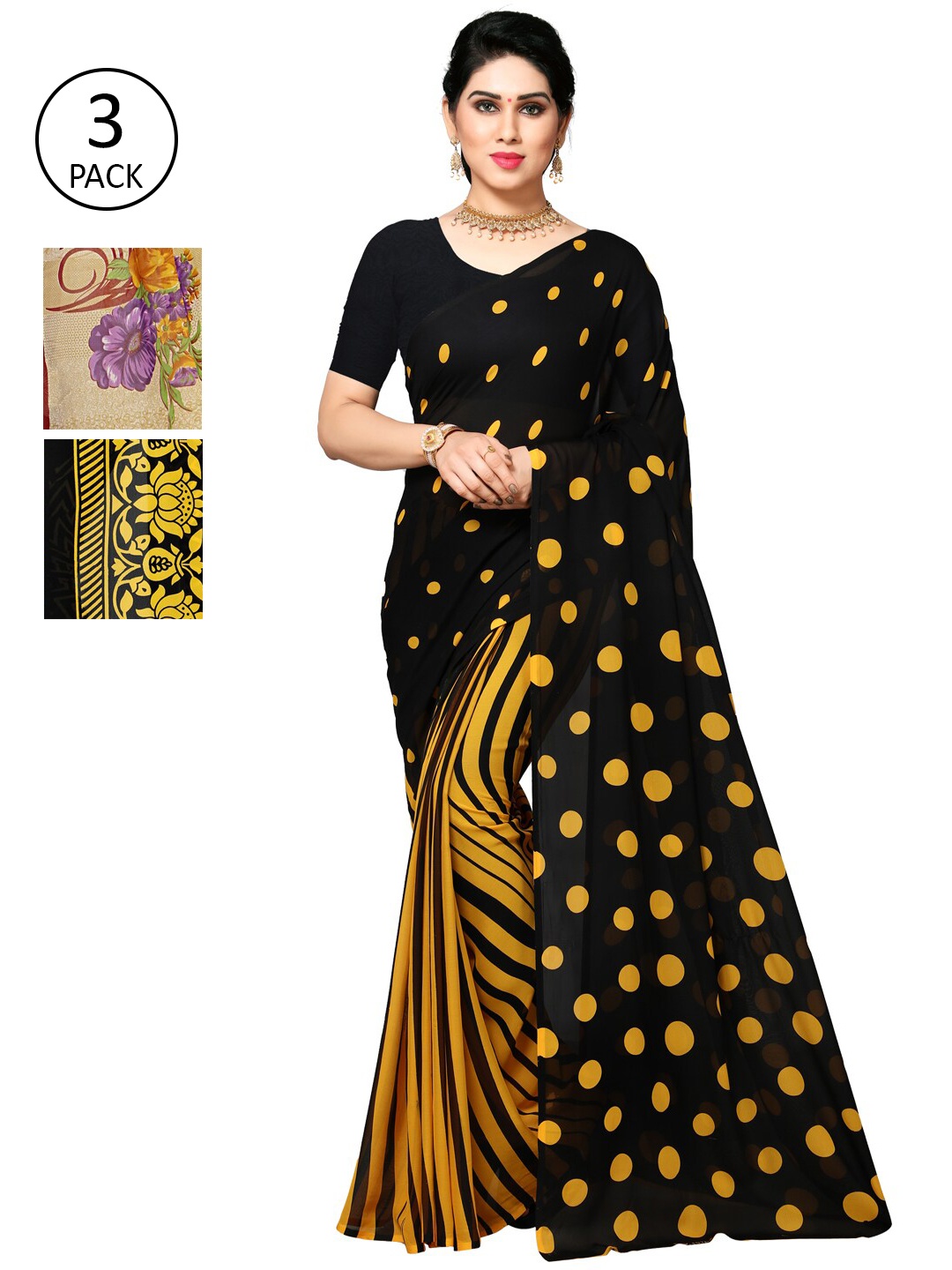 

KALINI Pack of 3 Poly Georgette Printed Sarees, Mustard