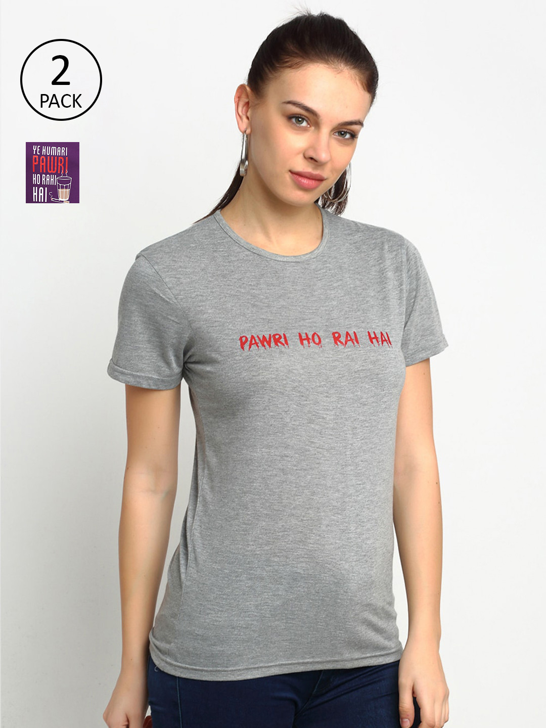 

VIMAL JONNEY Women Pack of 2 Typography 2 Printed T-shirts, Grey