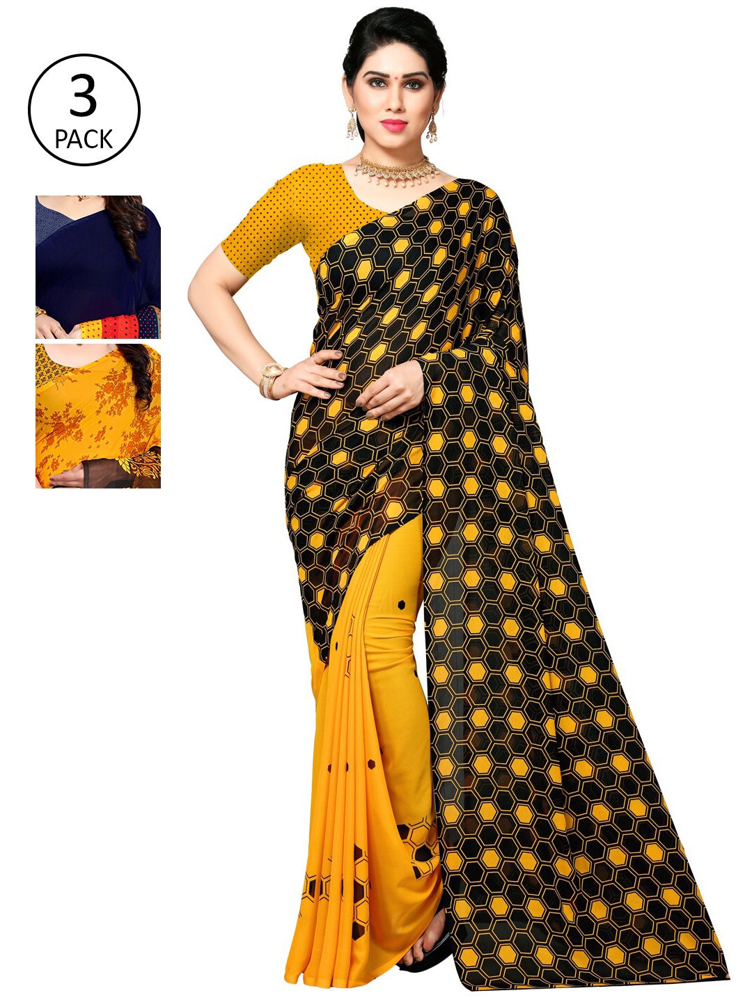 

KALINI Pack Of 3 Yellow & Black Poly Georgette Saree