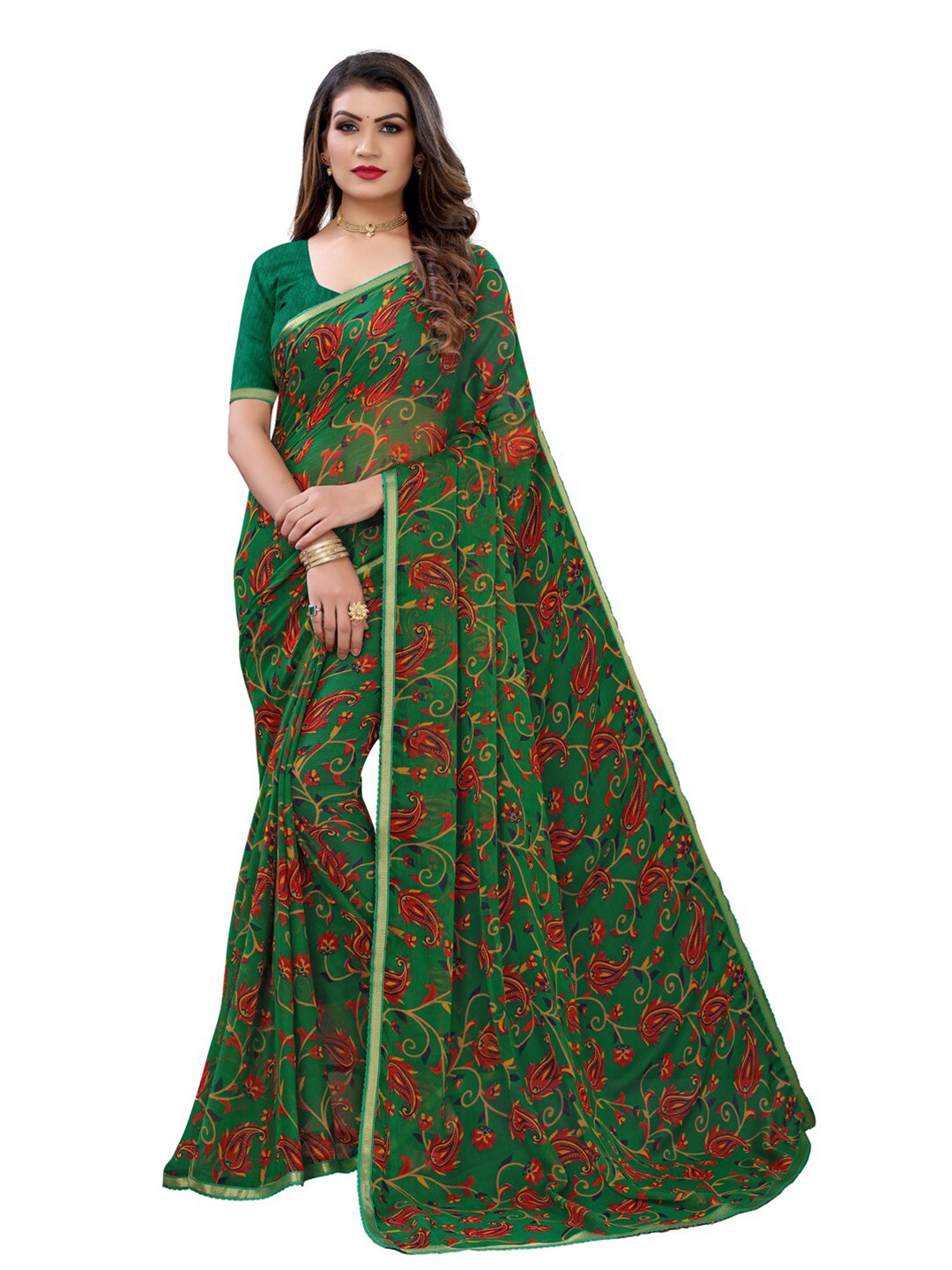 

KALINI Green & Red Paisley Saree