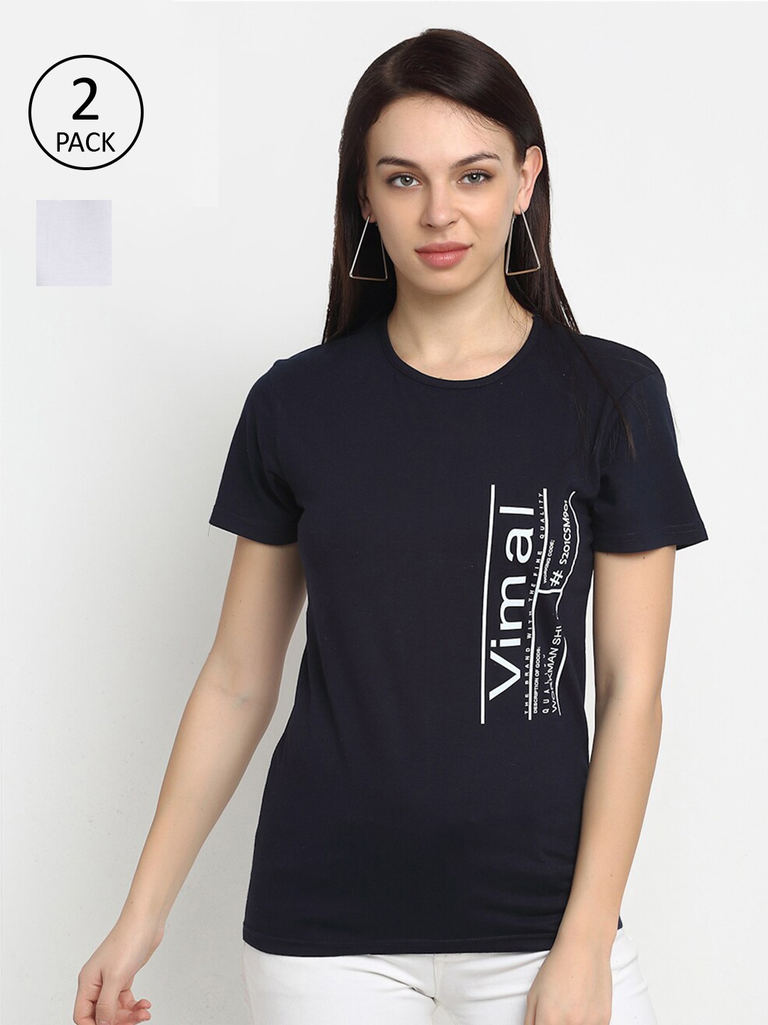 

MACK JONNEY Women Navy Blue & White Set of 2 Typography Printed T-shirt
