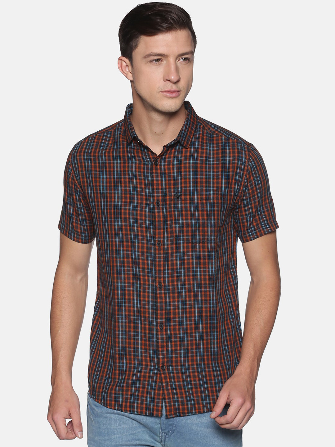 

SHOWOFF Men Orange & Blue Slim Fit Checked Casual Shirt