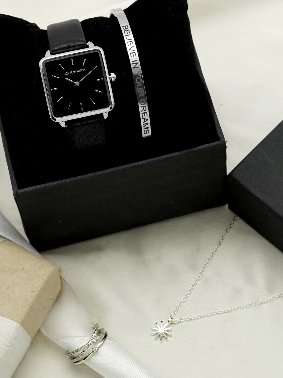 

JOKER & WITCH Women Silver-Toned & Black Between Us Love Stack Watch Gift Set-JWLS172