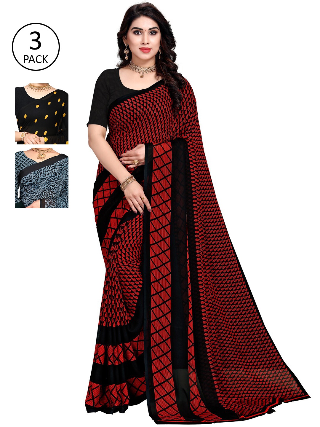 

ANAND SAREES Women Pack of 3 Printed Poly Georgette Sarees, Yellow