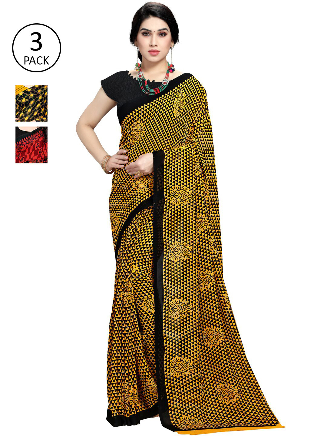 

KALINI Pack of 3 Poly Georgette Printed Sarees, Yellow