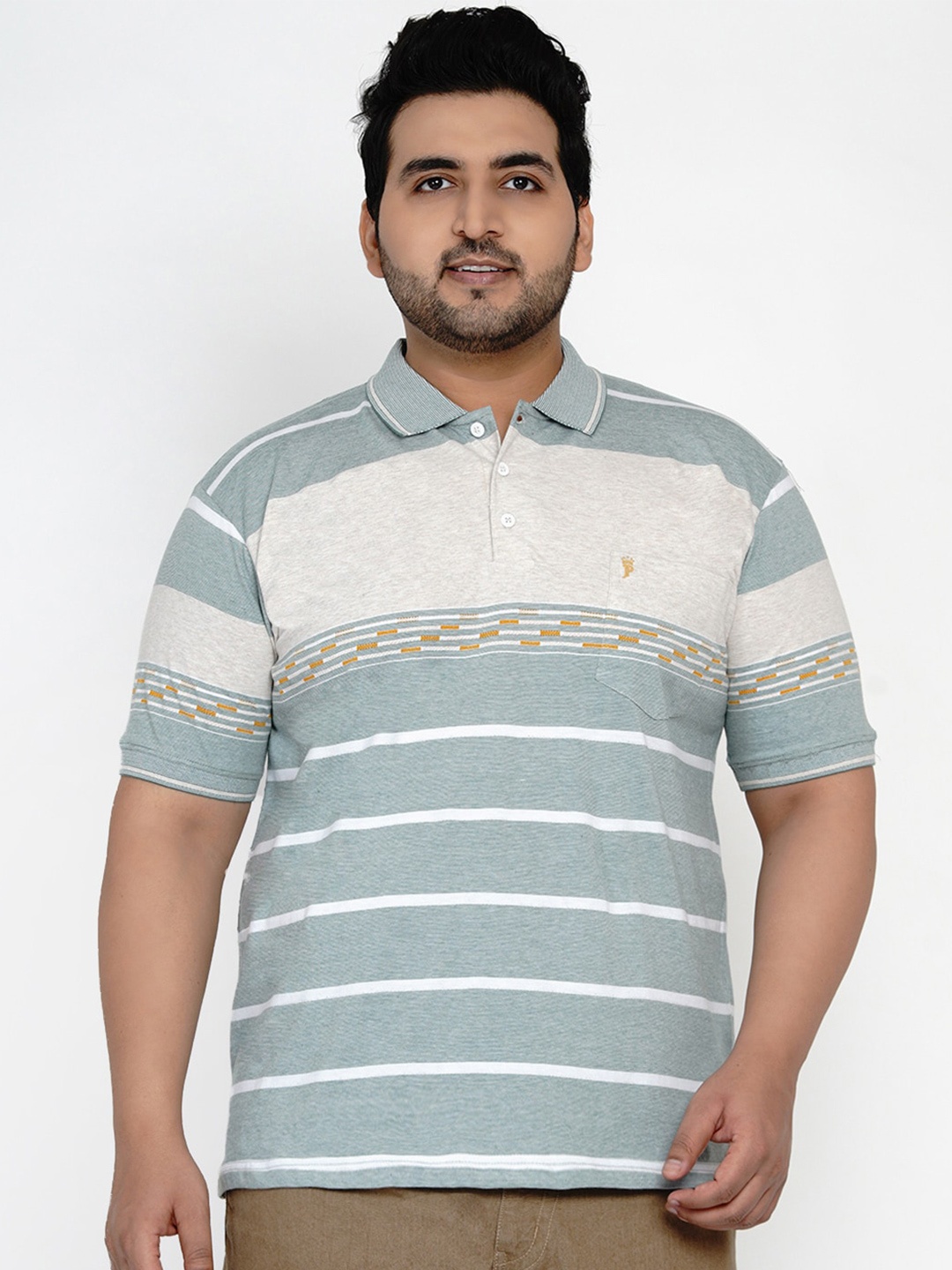 

John Pride Men Green Striped Polo Collar T-shirt