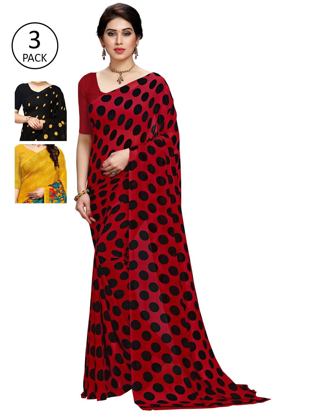 

KALINI Pack Of 3 Poly Georgette Sarees, Red